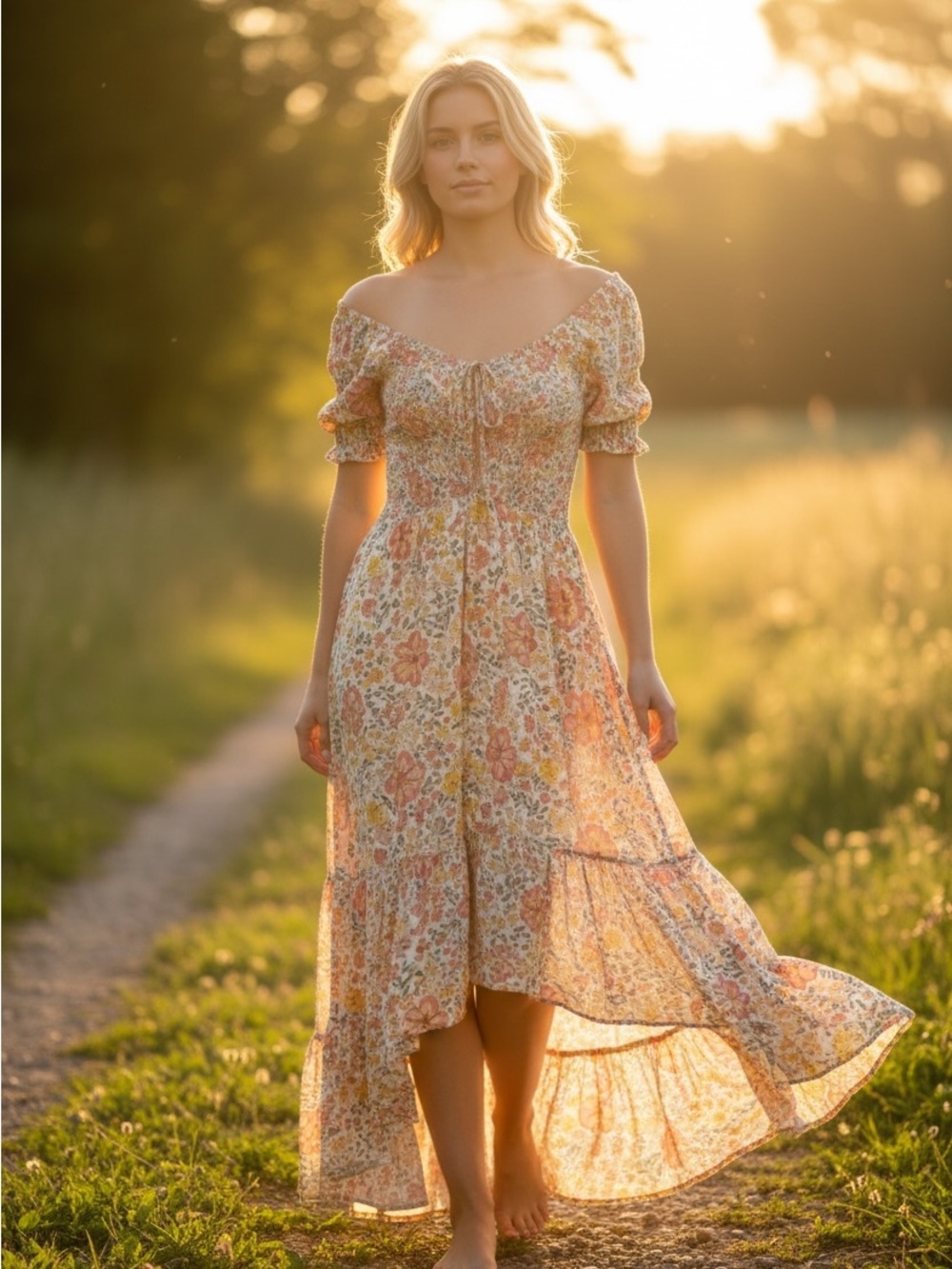 Floral Puff Sleeve Midi Dress - Picture 1 of 13